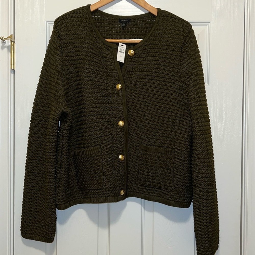 New with tags! Talbots XL green sweater jacket with gold buttons.